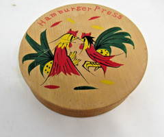 Wood Hinged Hamburger Press Hand Painted Fighting Roosters Vintage Japan 1950s