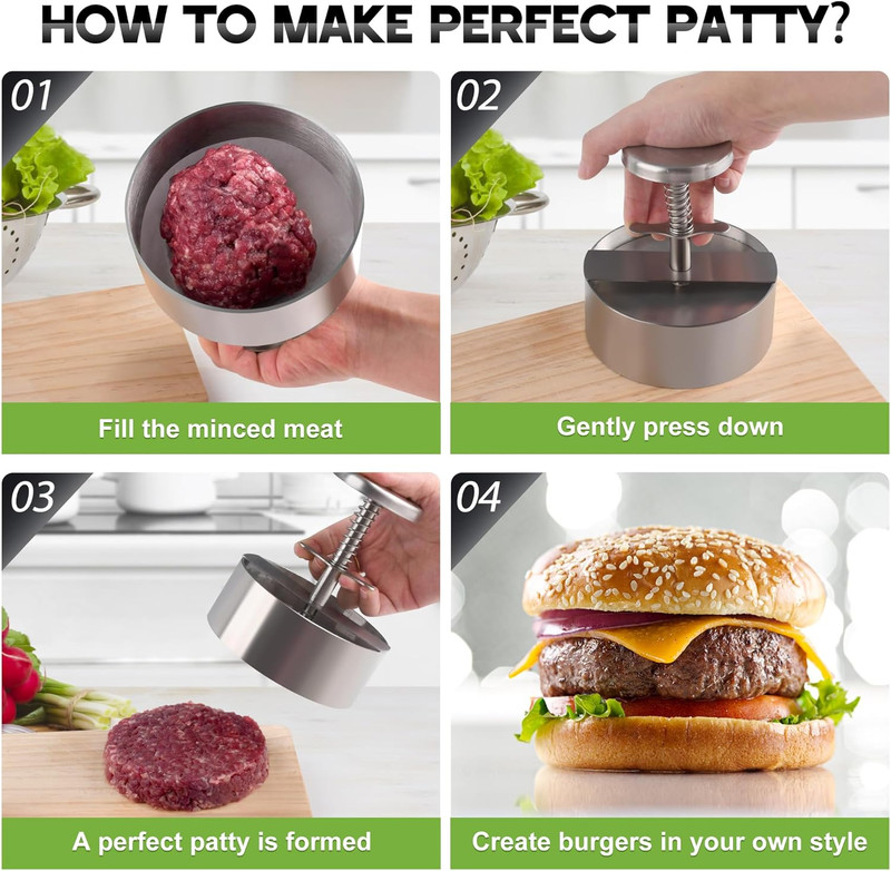 Burger Press, Adjustable Hamburger Prees Patty Maker 4.52" - Non-Stick Mold and gallery