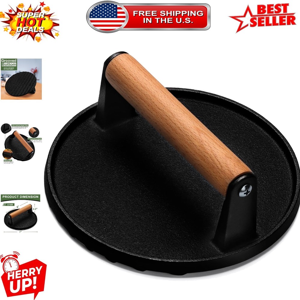 Ergonomic 7" Cast Iron Burger and Bacon Press for Quick and Healthy Cooking