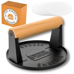 Pre-Seasoned Heavy Duty Cast Iron Smash Burger Press Kit – Heat Resistant Burger