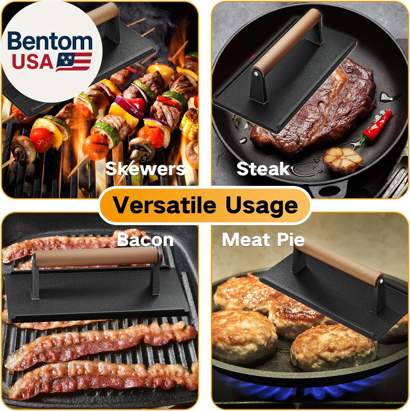 Cast Iron Grill Press-1Pcs, Heavy Duty Bacon/Burger/Griddle/Chef Press with Wood gallery