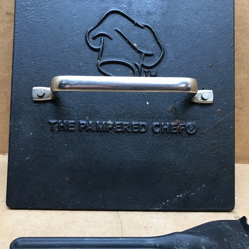 Pampered Chef 8.5" Cast Iron Grill Press and Cleaning Tool gallery