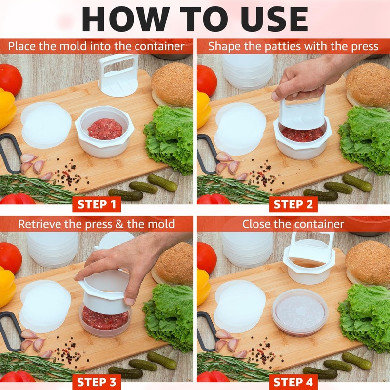 Hamburger Patty Maker Tool, 4 in 1, Meat Veggie Shaper, Storage gallery