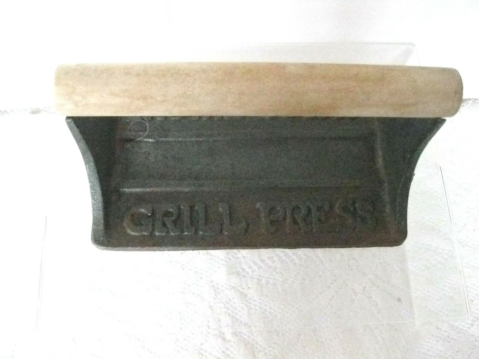 Vtg Cast Iron Bacon Press 4in x 7in Farm Pig Flowers Home Town Grill Press gallery