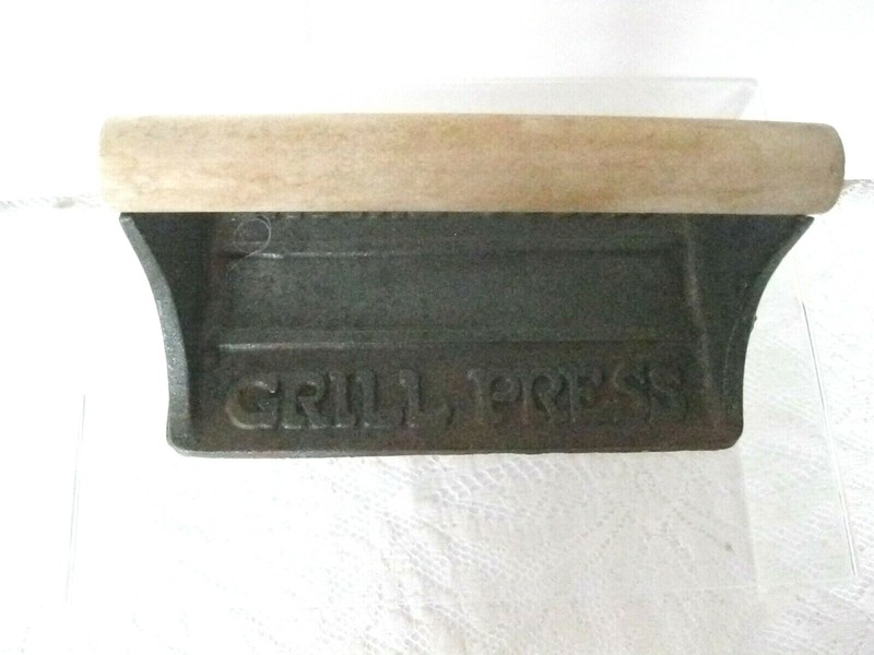 Vtg Cast Iron Bacon Press 4in x 7in Farm Pig Flowers Home Town Grill Press gallery
