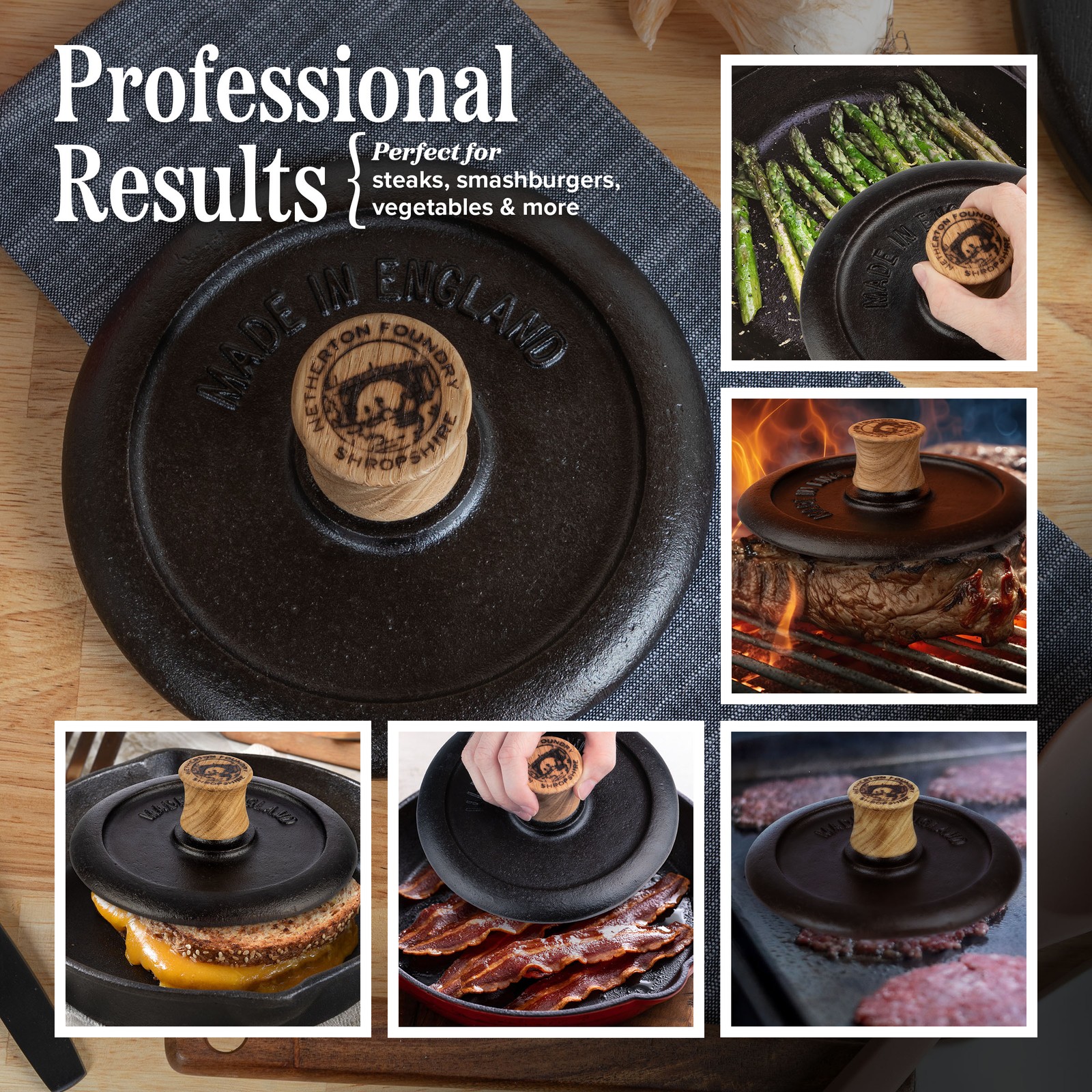 Steak Press Cast Iron Grill Press Griddle Press with Wood Handle for Burgers gallery