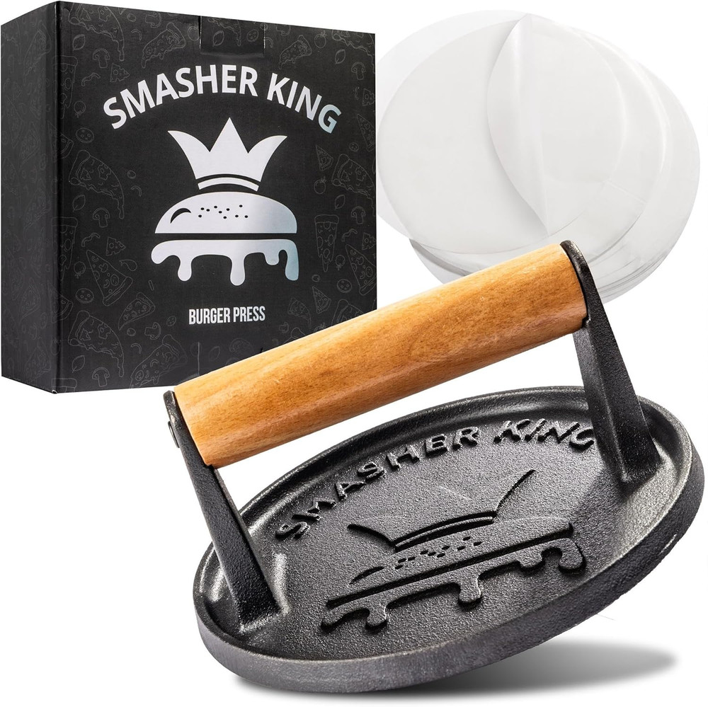 SMASHER KING™ - Smash Burger Press - Cast Iron Burger Smasher And Hamburger Patt