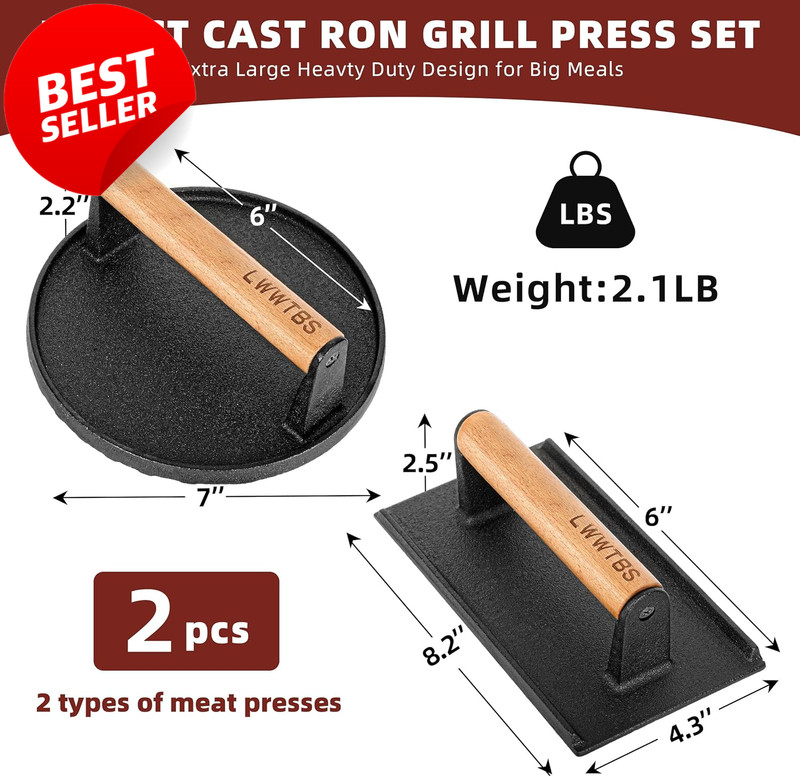 Cast Iron Burger Press Set Round Rectangle Steak Weight Wood Handle Griddle - US gallery