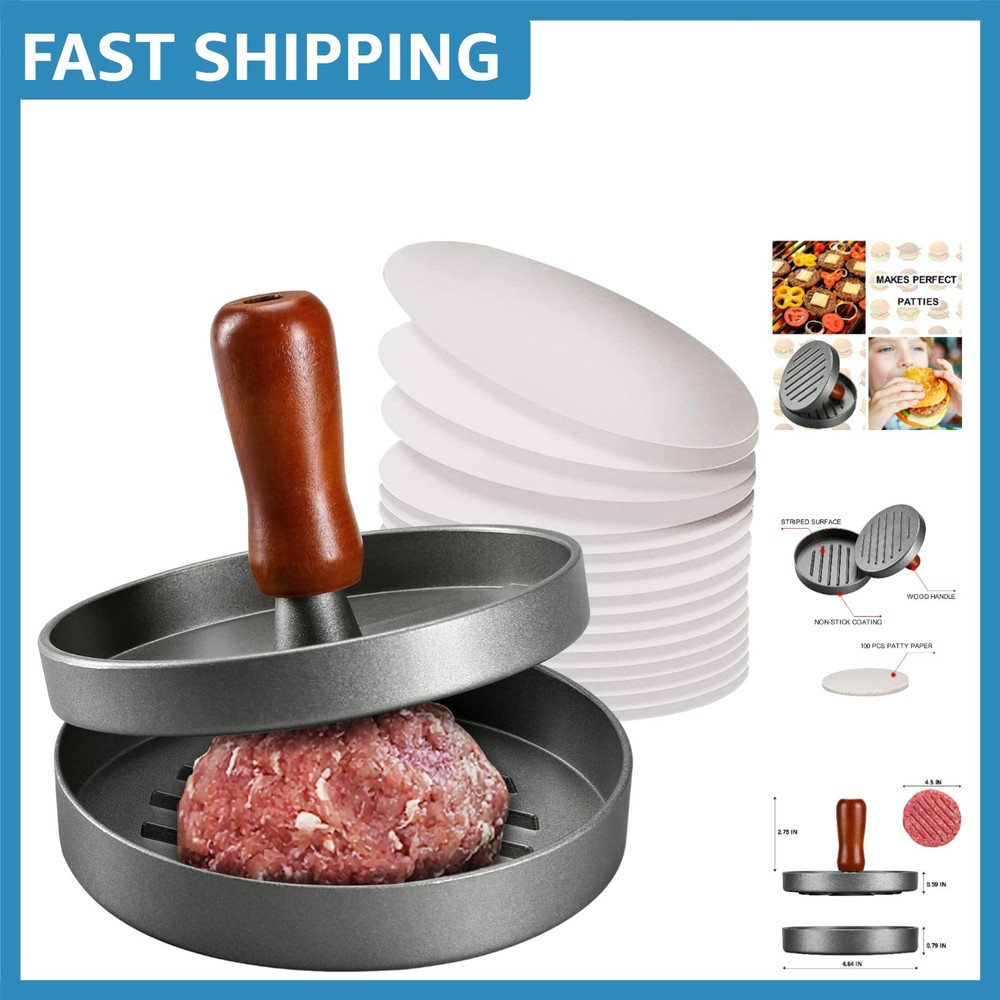 Stainless Steel Burger Patty Press Mold with 100 Non-Stick Patty Papers