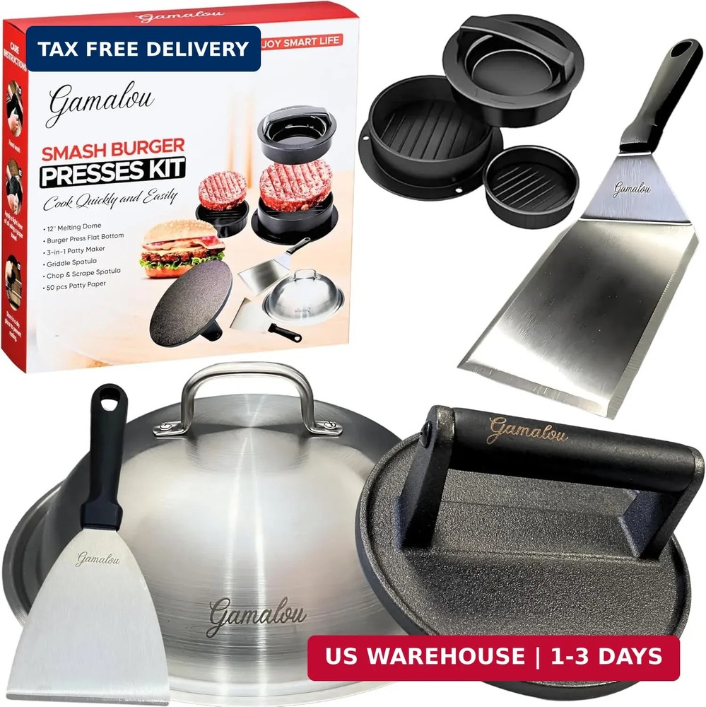 Gamalou® Smash Burger Press Kit: 7" Cast Iron Grill Press, 12" Melting Dome, 3-i