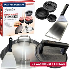 Gamalou® Smash Burger Press Kit: 7″ Cast Iron Grill Press, 12″ Melting Dome, 3-i
