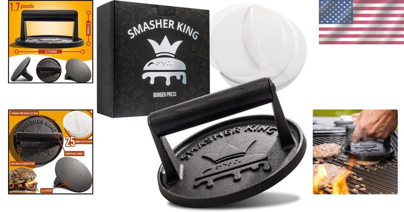 Cast Iron Smash Burger Press with Patty Paper - Perfect for Grilling gallery