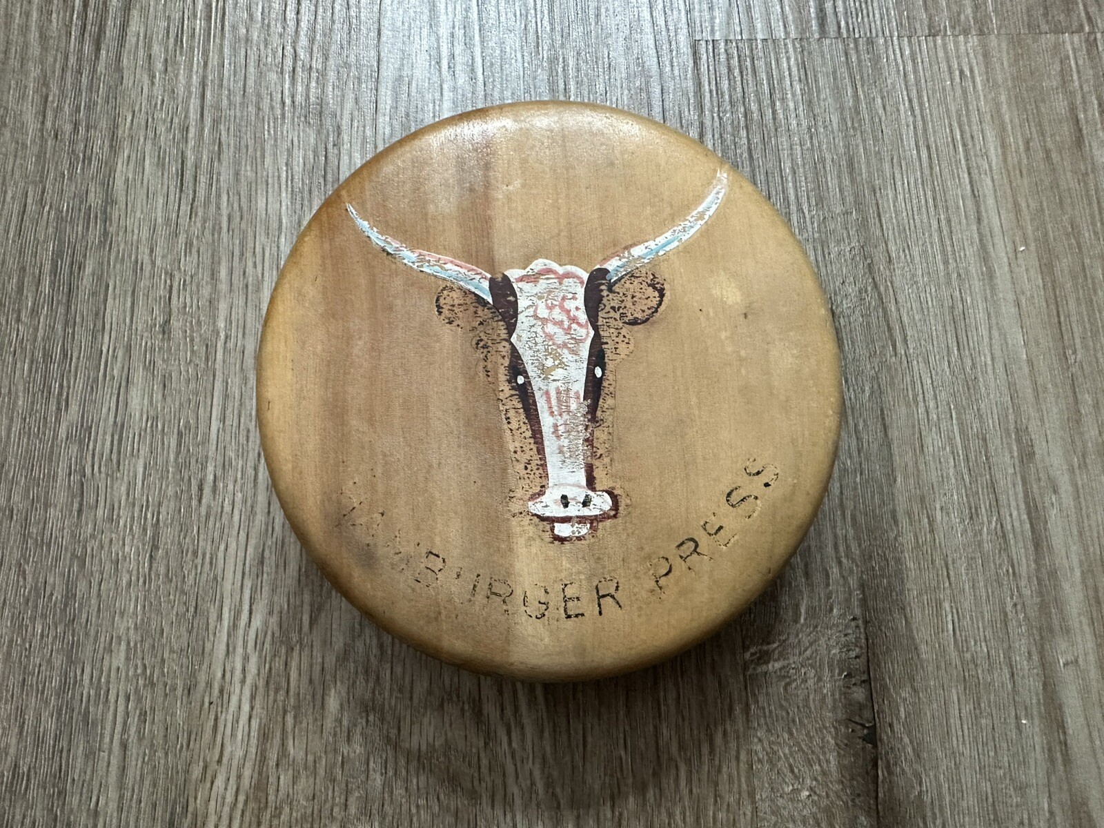 Vintage 1950s Hand Painted Bull Steer Longhorn Wood Hinged Hamburger Press gallery