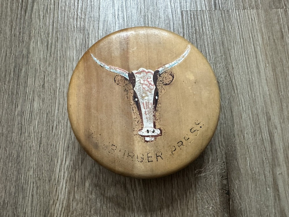 Vintage 1950s Hand Painted Bull Steer Longhorn Wood Hinged Hamburger Press