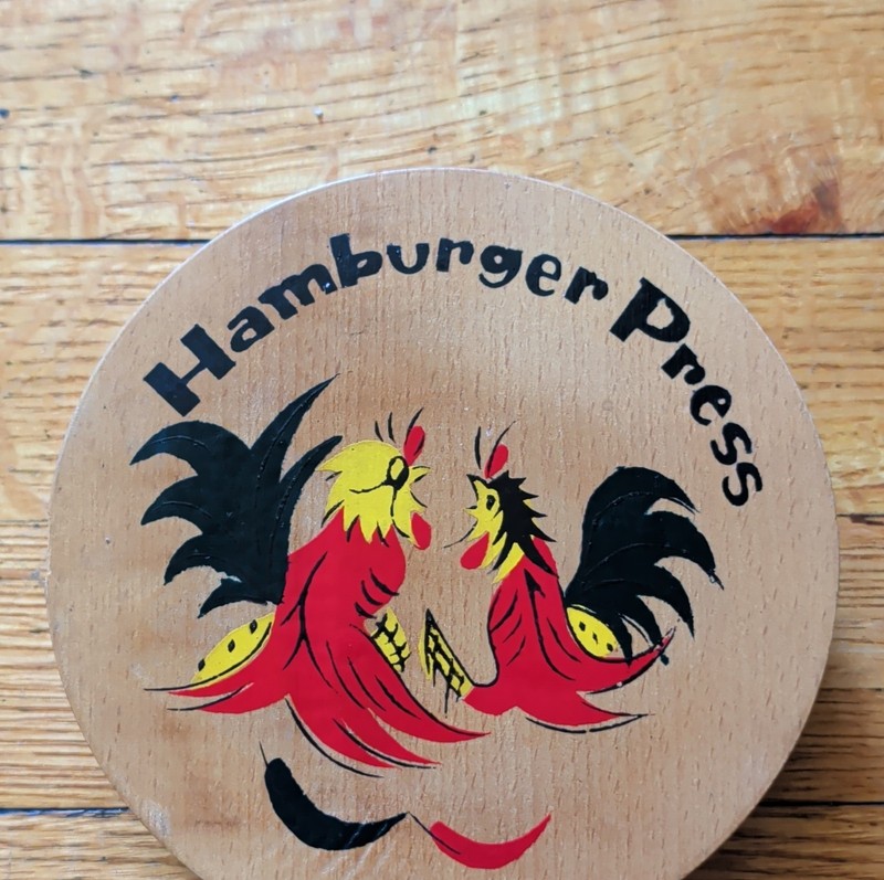 Wooden Hamburger Press Decorative Rooster Design Brown Red Black Yellow Medium gallery