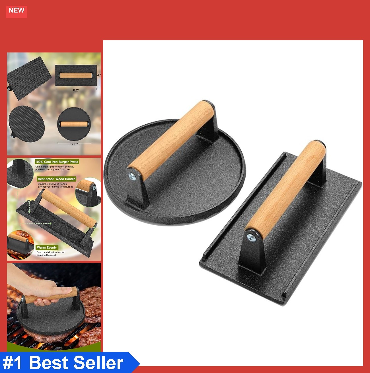 Cast Iron Burger Press 7 Inch Round 8.2x4.3 Rectangle Smash Bacon Griddle Grill gallery