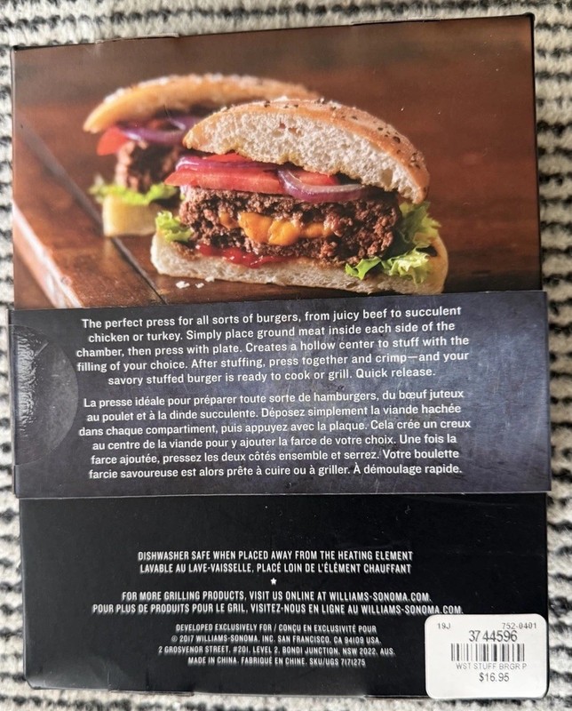 Williams-Sonoma Stuffed Burger Press Quick Release Dishwasher Safe NEW In Box gallery