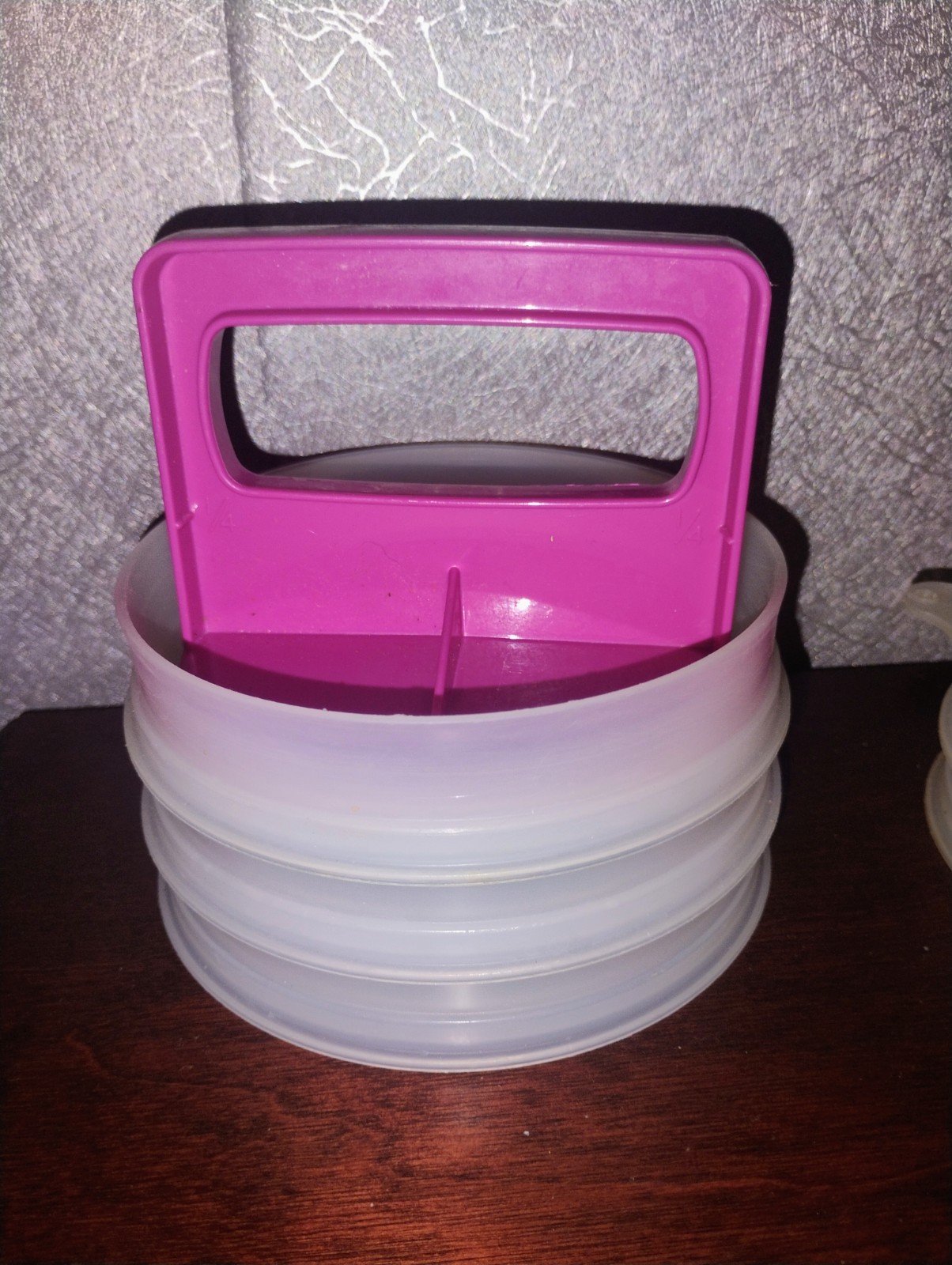 Vintage Tupperware Hamburger Press Lot #1926 Pink Handle 5 Keepers lid + 2 sm gallery