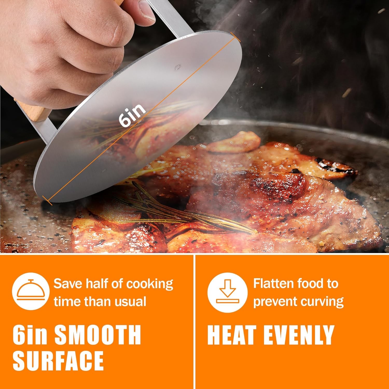 Stainless Steel Burger Press 6 inch Round with Wood Handle for Grilling gallery