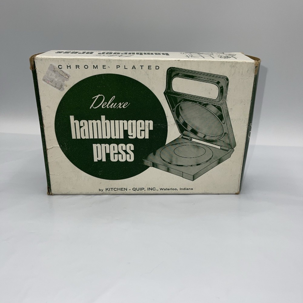 Kitchen-Quip Deluxe Vintage Chrome Plated Hamburger Press in Box USA Preowned