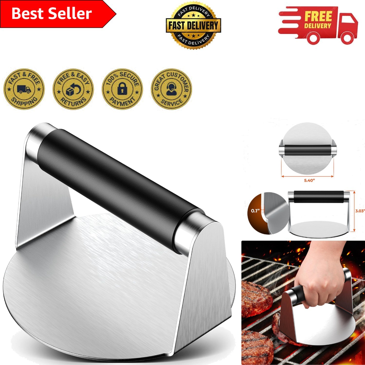 Versatile 5.5" Smash Burger Tool - Stainless Steel with Silicone Handle gallery