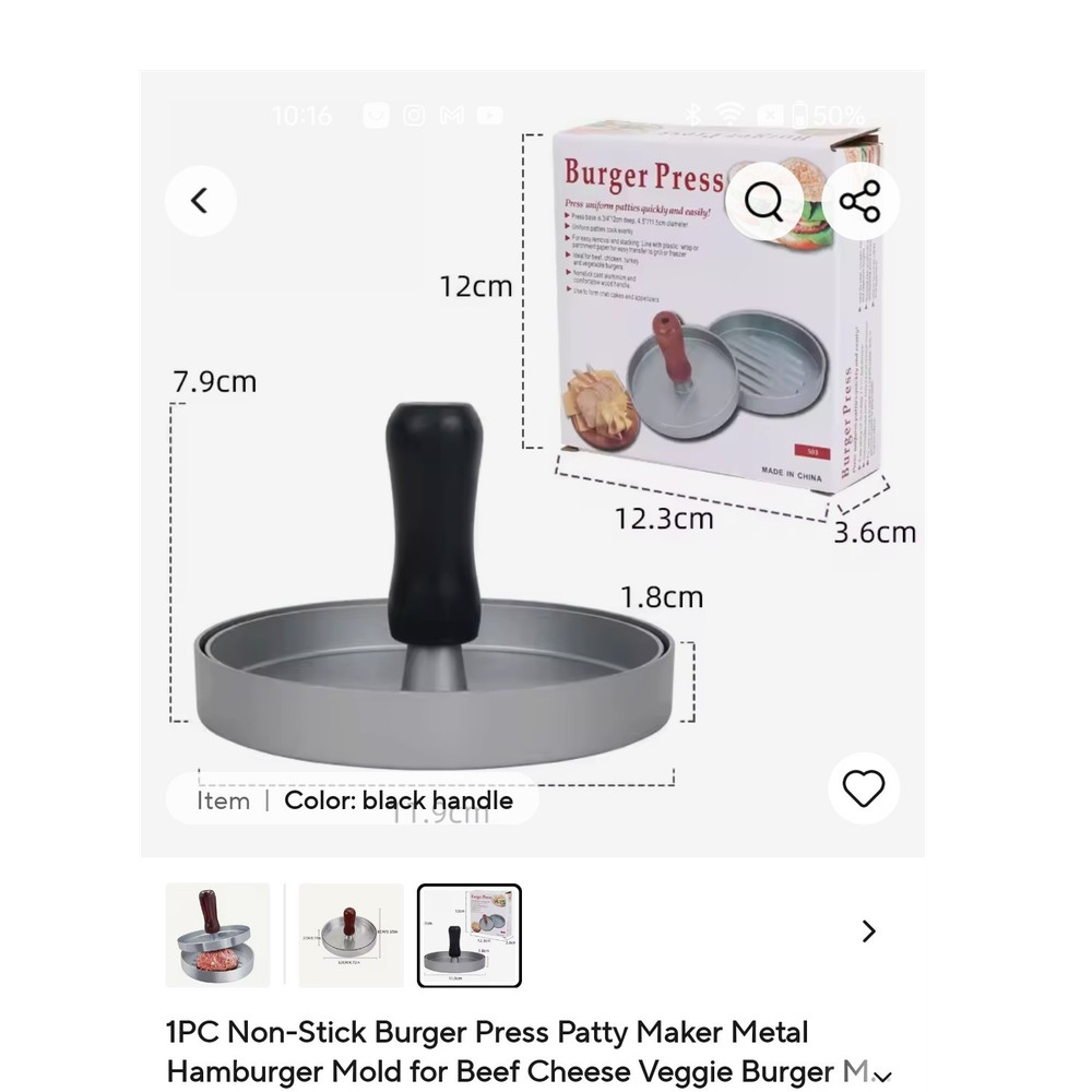 Non-Stick Metal Burger Press Patty Maker Large 12cm Black Handle