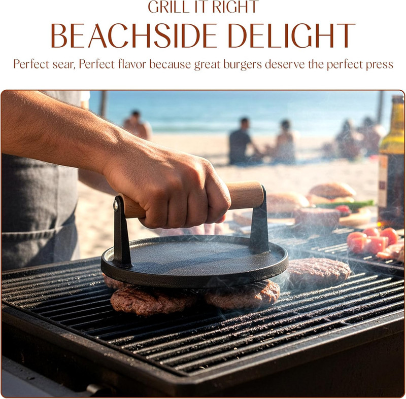 Heavy Duty Cast Iron Smash Burger Press 7" round Grill Press for Cooking Burgers gallery
