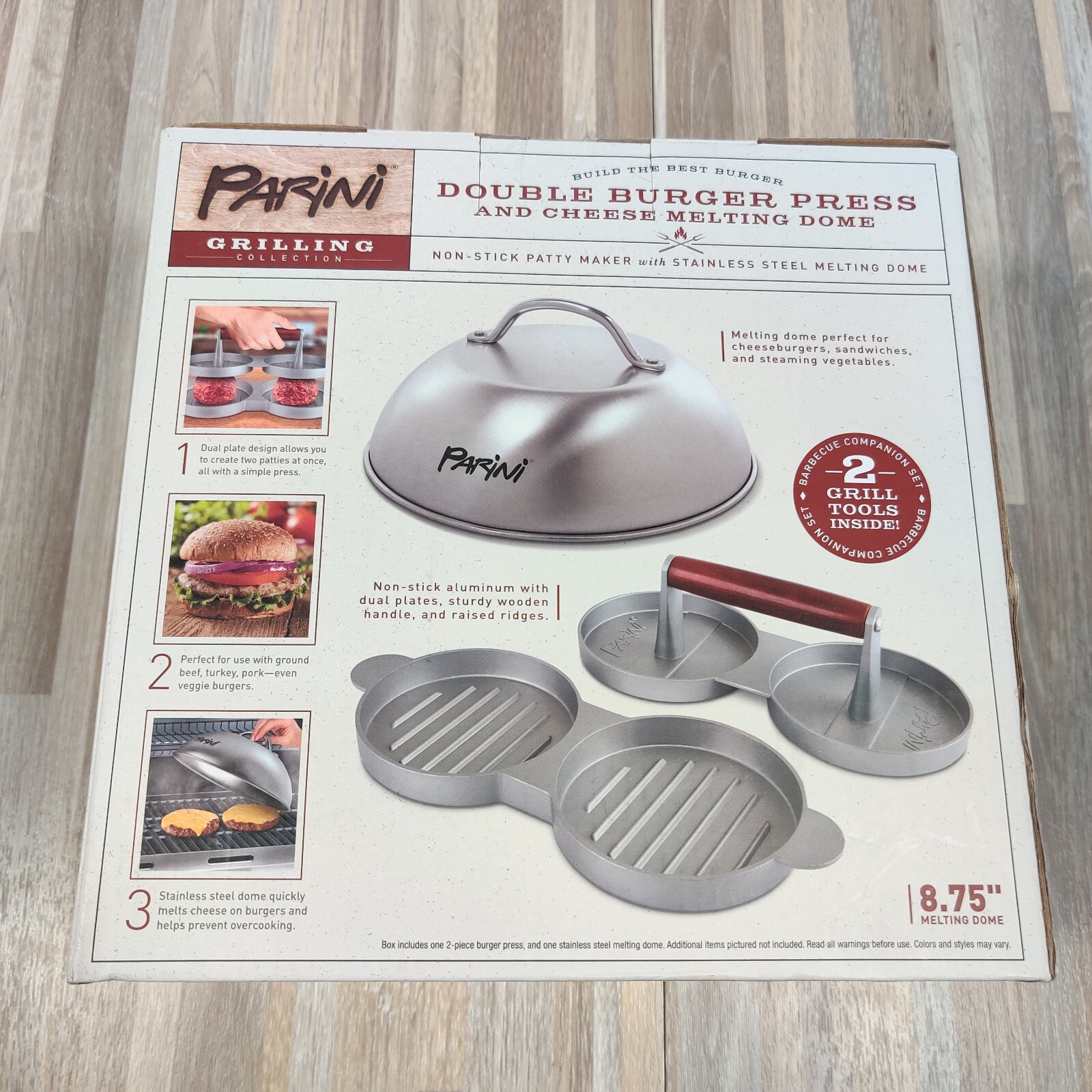 Parini Double Non-Stick Burger Press & Cheese Melting Dome 8.75" NIB gallery