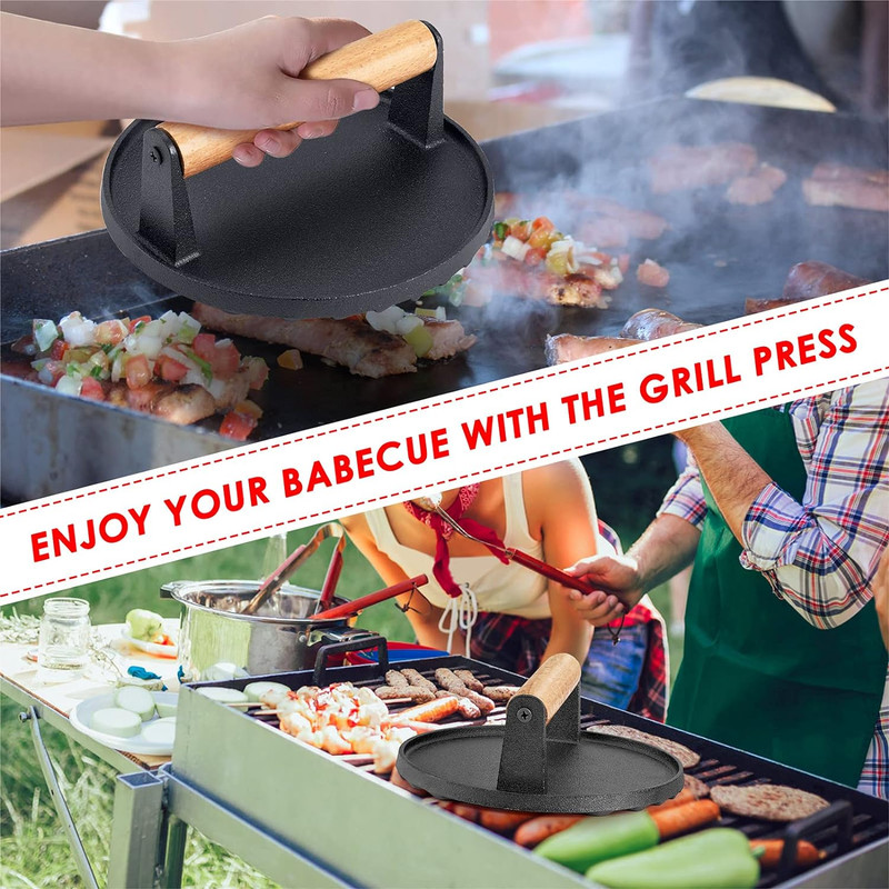 Single Cast Iron Grill Press, Heavy Duty 7In Bacon Burger Press with Wooden Hand gallery