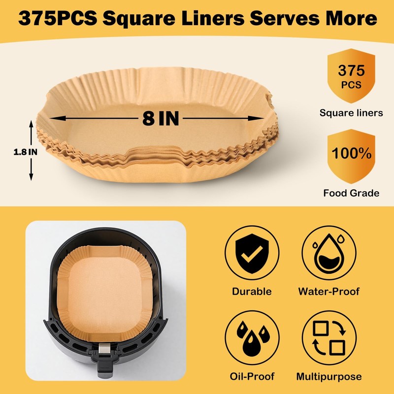 375Pcs Air Fryer Paper Liners, 8" Square 8 inch, Primary color gallery