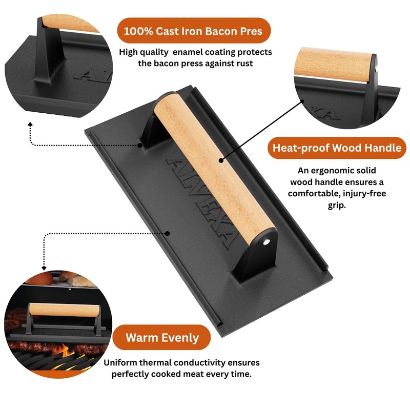 Cast Iron Burger Press 2.21lb Heavy Duty Griddle Smasher Wood Handle Kit gallery