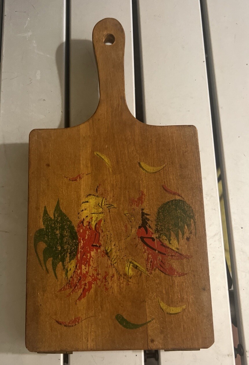 Country Vintage Wood Hamburger Press, With Handle Hand Painted Roosters gallery
