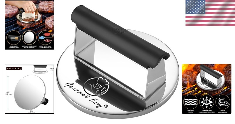 Non-Stick Stainless Steel Burger Smasher with Silicone Handle - 5.98 x 2.76 in gallery