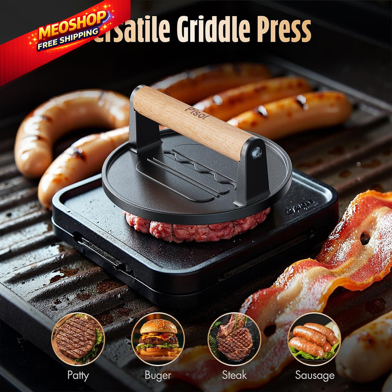 Pisol Smash Burger Press, Pre-Seasoned Cast Iron Hamburger Smasher, 2 Round gallery