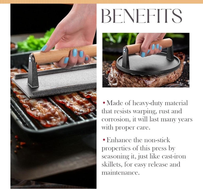 Bellemain Heavy-Duty Cast Iron Grill Press Set – Perfect Smash Burger Press gallery