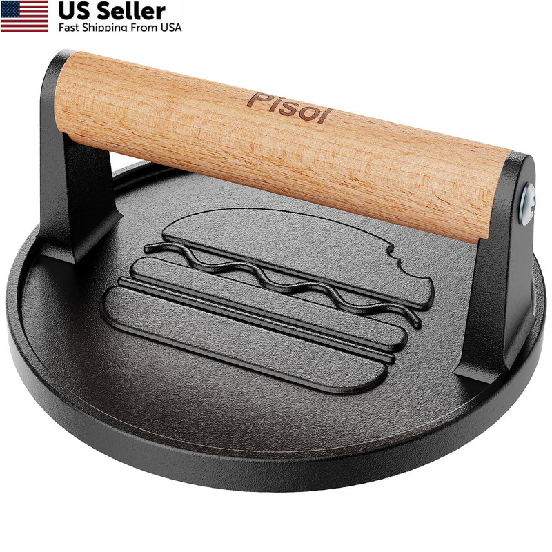 Pisol Smash Burger Press, Pre-Seasoned Cast Iron Hamburger Smasher, 2 Round gallery