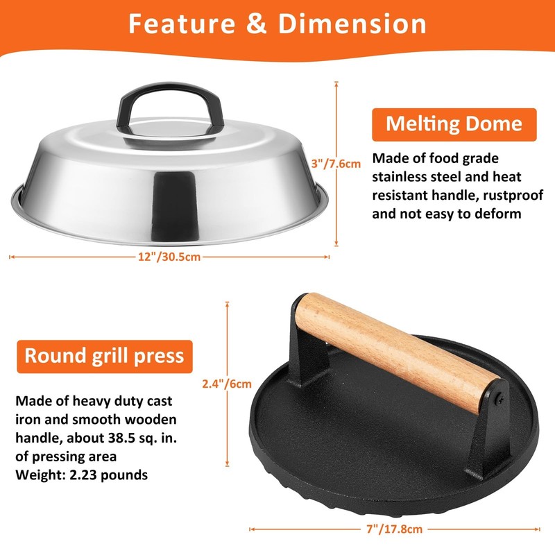Smash Burger Kit, 12" Basting Cover for Griddle, Round Cast Iron Bacon Press ... gallery