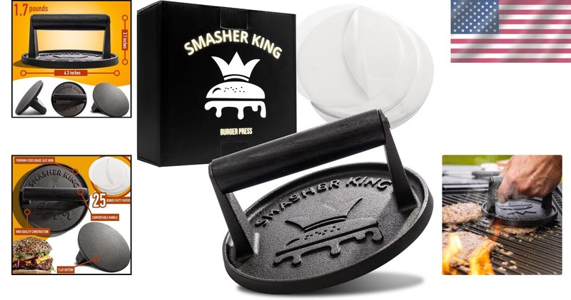 Compact Cast Iron Burger Smasher with 25 Patty Papers - Perfect for Any Kitchen gallery