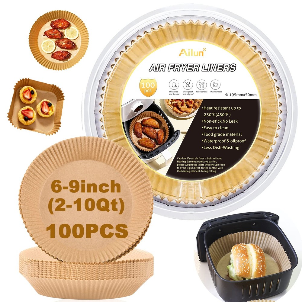 Ailun Air Fryer Paper Liners 8inch, 100PCS Non-Stick 8"Round-100PCS, Brown