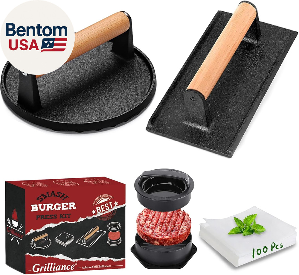 Smash Burger Press Kit, 3 in 1 Hamburger Press Patty Maker, Black Cast Iron Burg