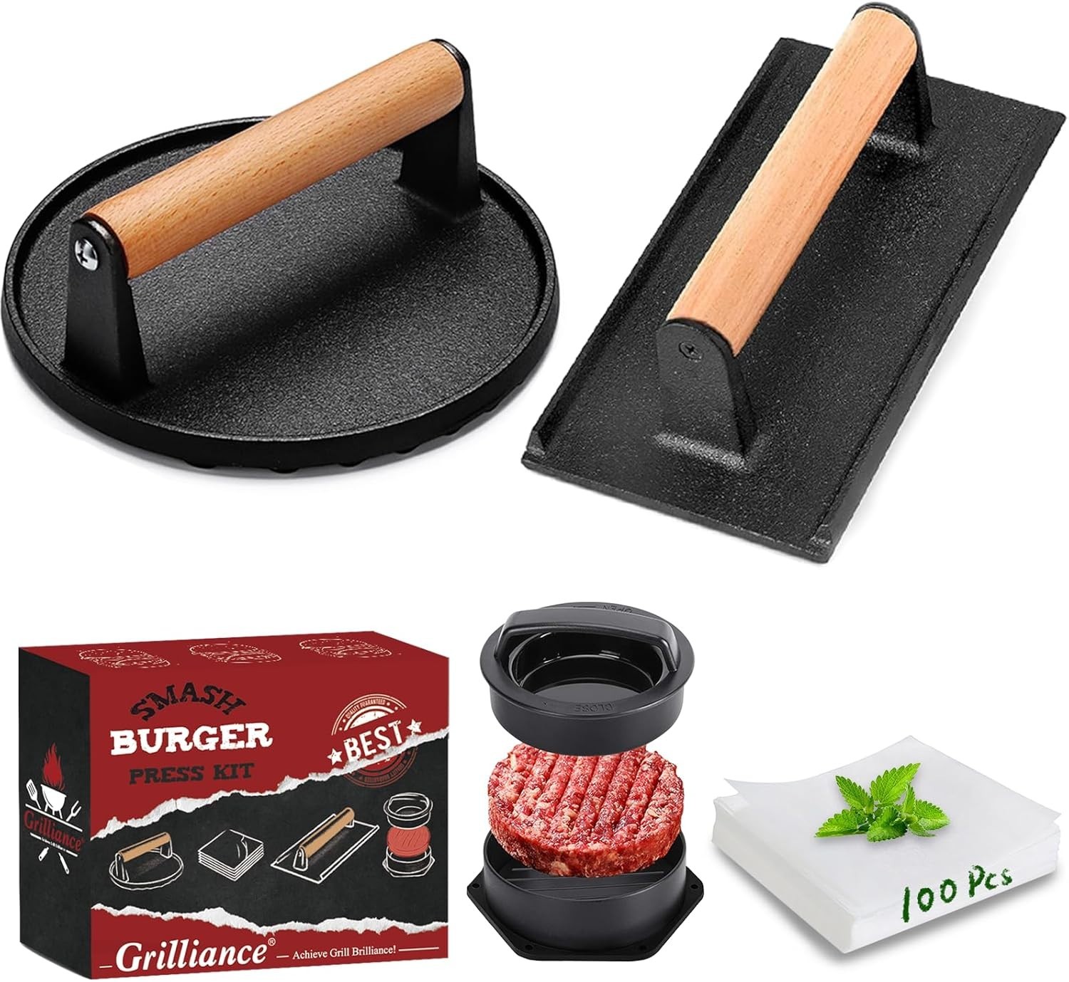 Smash Burger Press Kit, 3 in 1 Hamburger Press Patty Maker, Black Cast Iron gallery