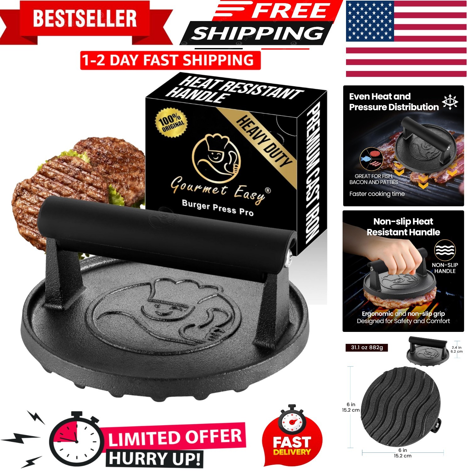 Smash Burger Press for Griddle, 5- , 2 lb Heavy Duty Burger Smasher Tool with... gallery