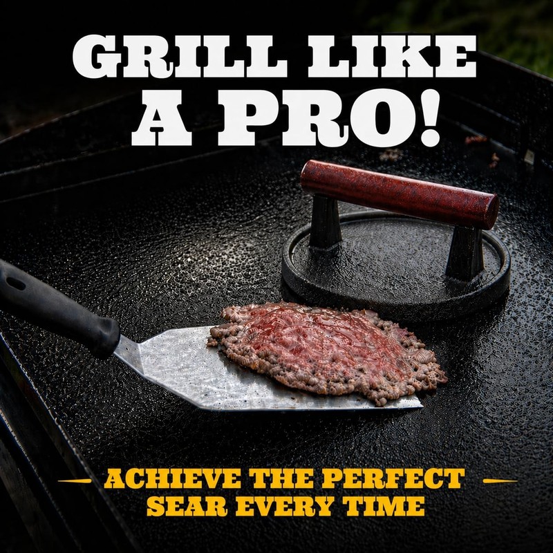 Smash Burger Press Kit - Cast Iron Burger Press (6.5 in), Smash Burger Spatul... gallery