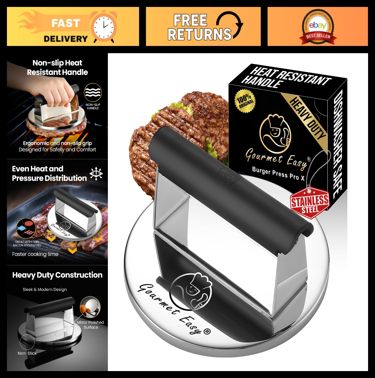 Stainless Steel Burger Press - Heat Resistant Handle, Dishwasher Safe Griddle Sm gallery