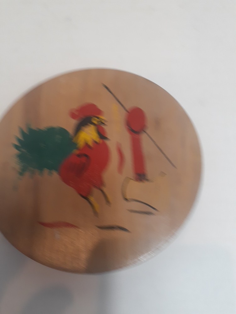 Vtg. Wooden Hamburger Patty Press ~ Hinged Lid ~ Folk Art Hand Painted Rooster