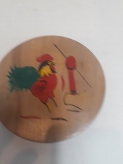 Vtg. Wooden Hamburger Patty Press ~ Hinged Lid ~ Folk Art Hand Painted Rooster