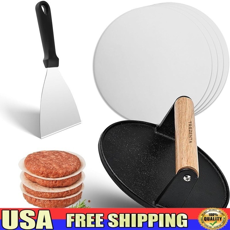 3-in-1 Cast Iron Burger Press Tool Set Spatula Patty Maker Gift Box BBQ Griddle gallery