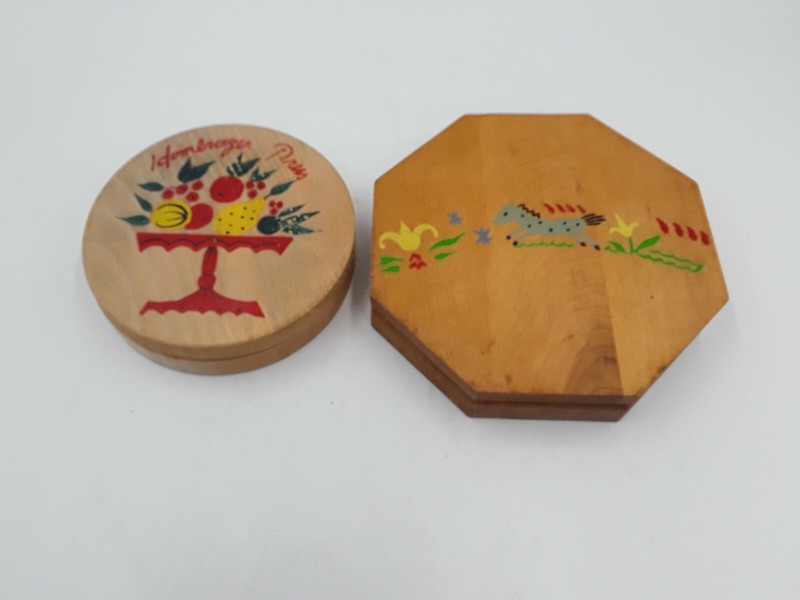 Vtg Folk Art Wooden Hamburger Patty Press w/ Painted Fruit,horse, Set of 2 gallery