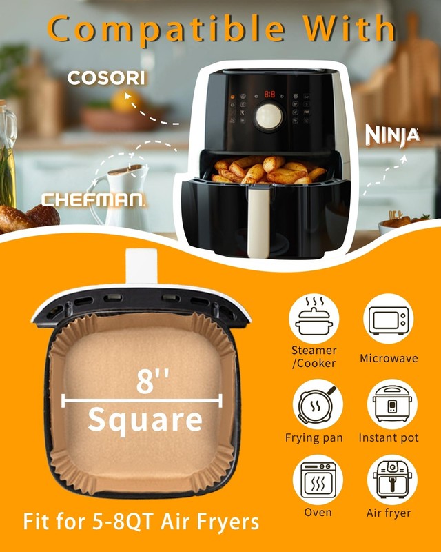 500Pcs Air Fryer Paper Liners, 8” Square Disposable 8 inches, Natural gallery