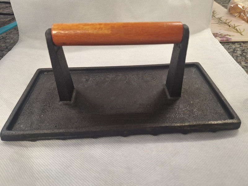Sur La Table Rectangular Cast Iron Grill Press 9"x 4.5" w/ Rosewood Handle gallery